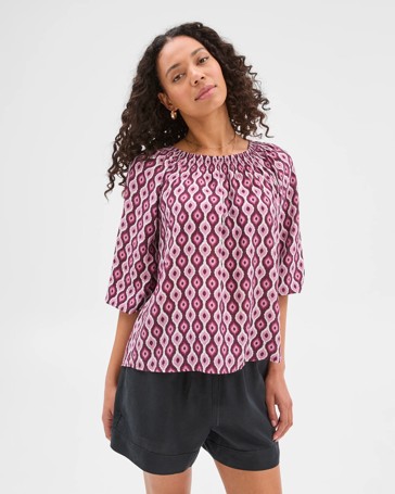 Long Puff Sleeve Shirred Neck Blouse