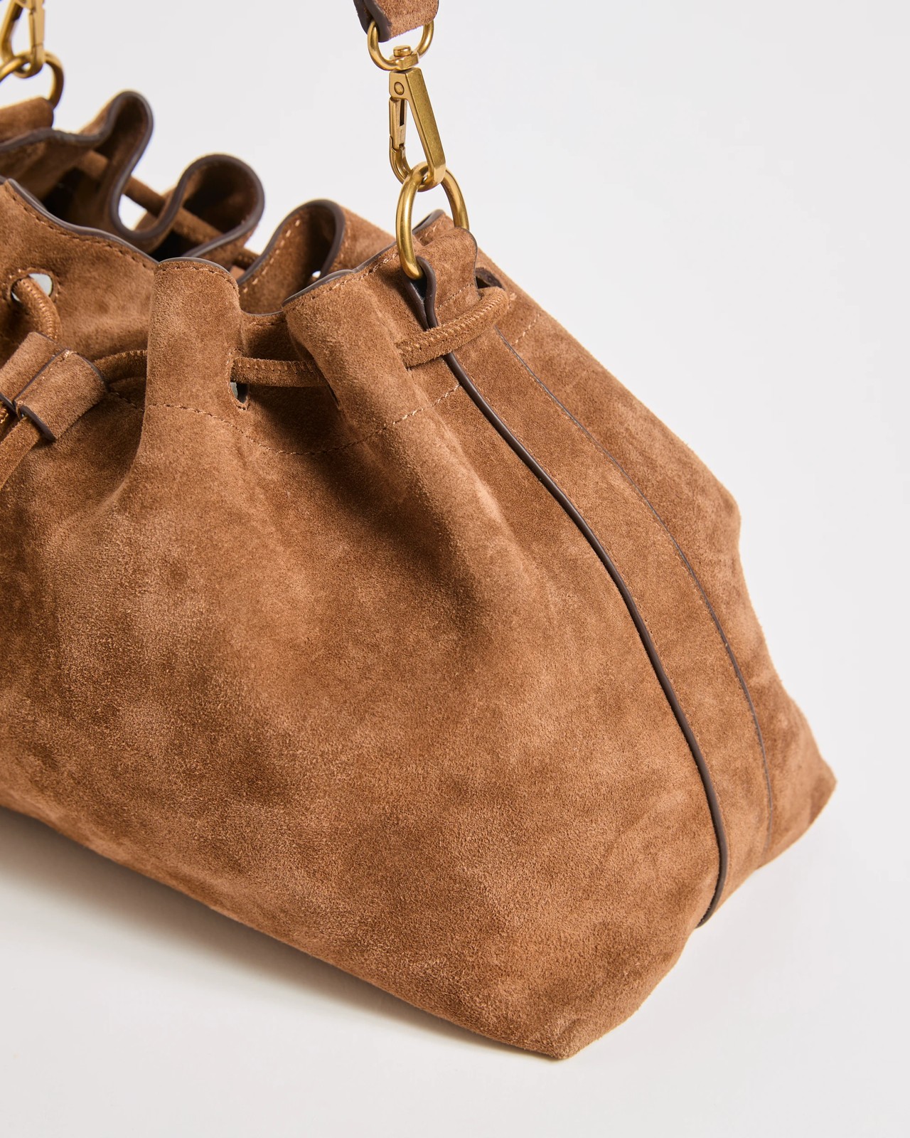 Premium Suede Leather Drawstring Shoulder Bag - Cognac 2 of 3