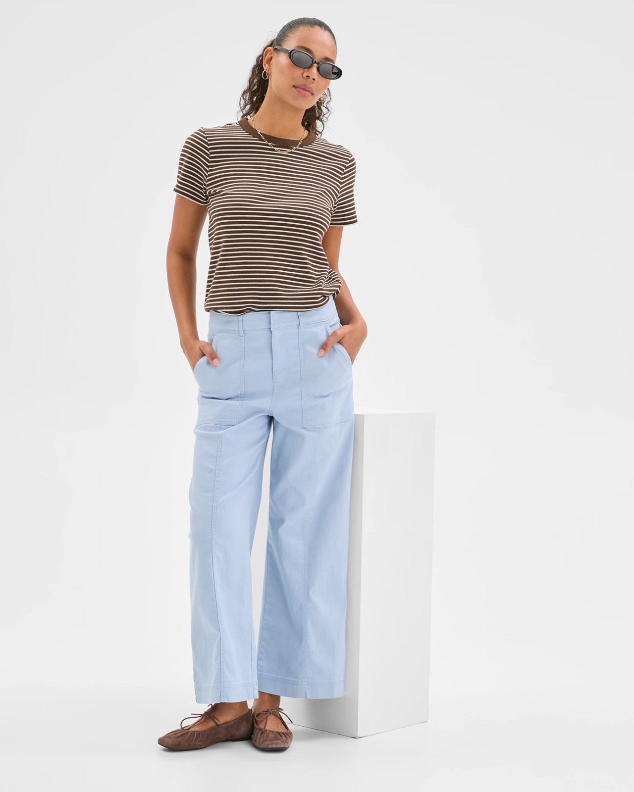 Australian Cotton Blend Stretch Twill Wide Leg Pants - Sky Blue 2 of 6