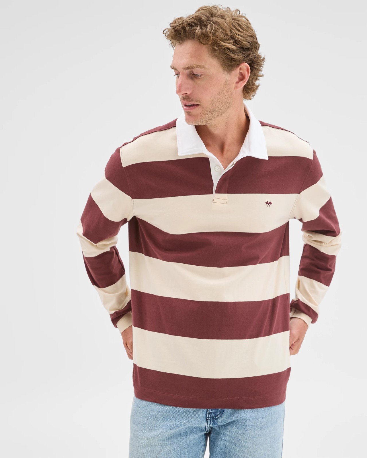 Australian Cotton Long Sleeve Rugby Polo Top - Stone Stripe 3 of 5