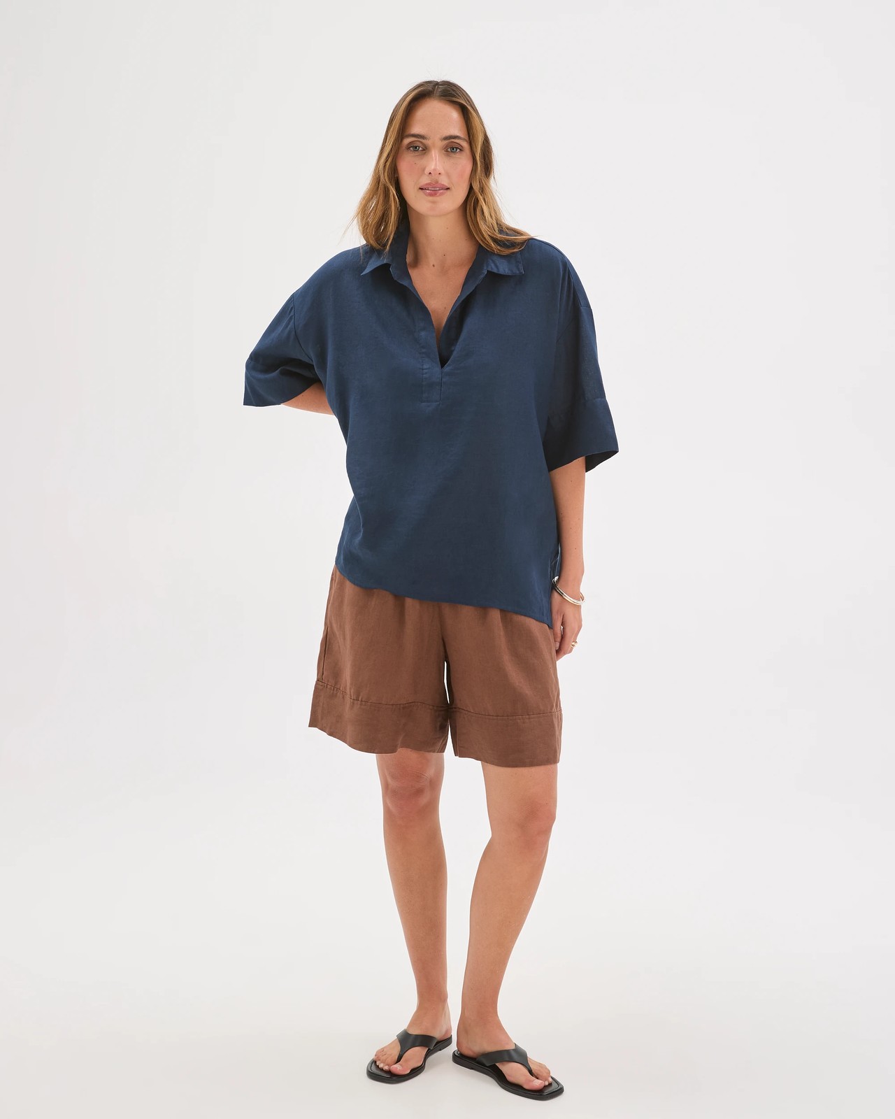 European Linen Elbow Sleeve Cocoon Popover Shirt - Navy 2 of 6