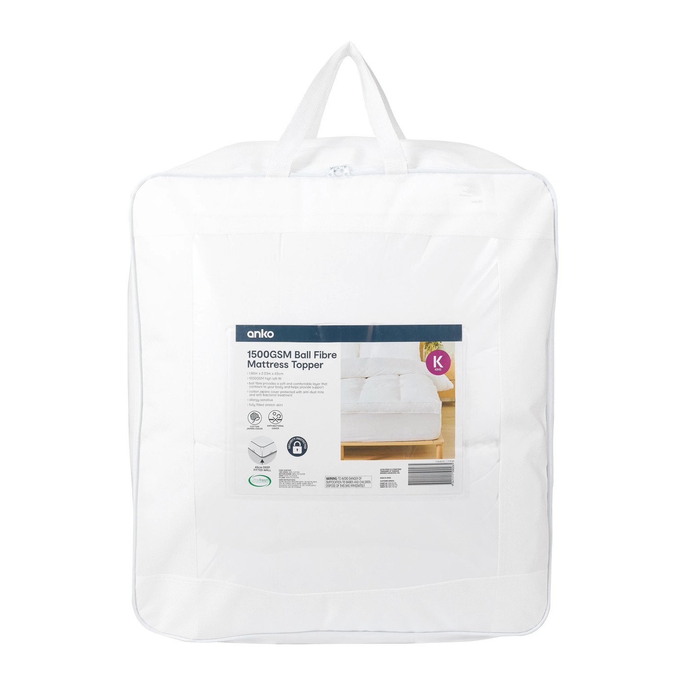 Anko 1500GSM Ball Fibre Mattress Topper - King Bed, White 6 of 6