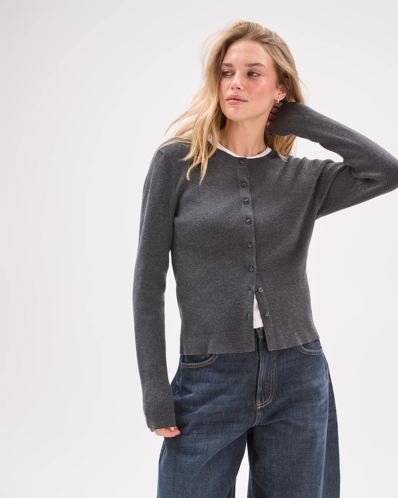 Lily Loves Crew Neck Cardigan - Steel Ash Marle 5 of 5