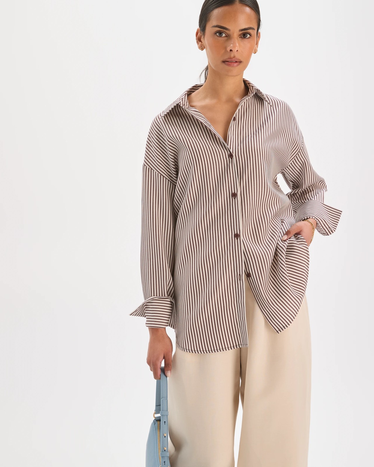 Preview Lyocell Long Sleeve Back Detail Shirt - Chocolate Stripe 5 of 6