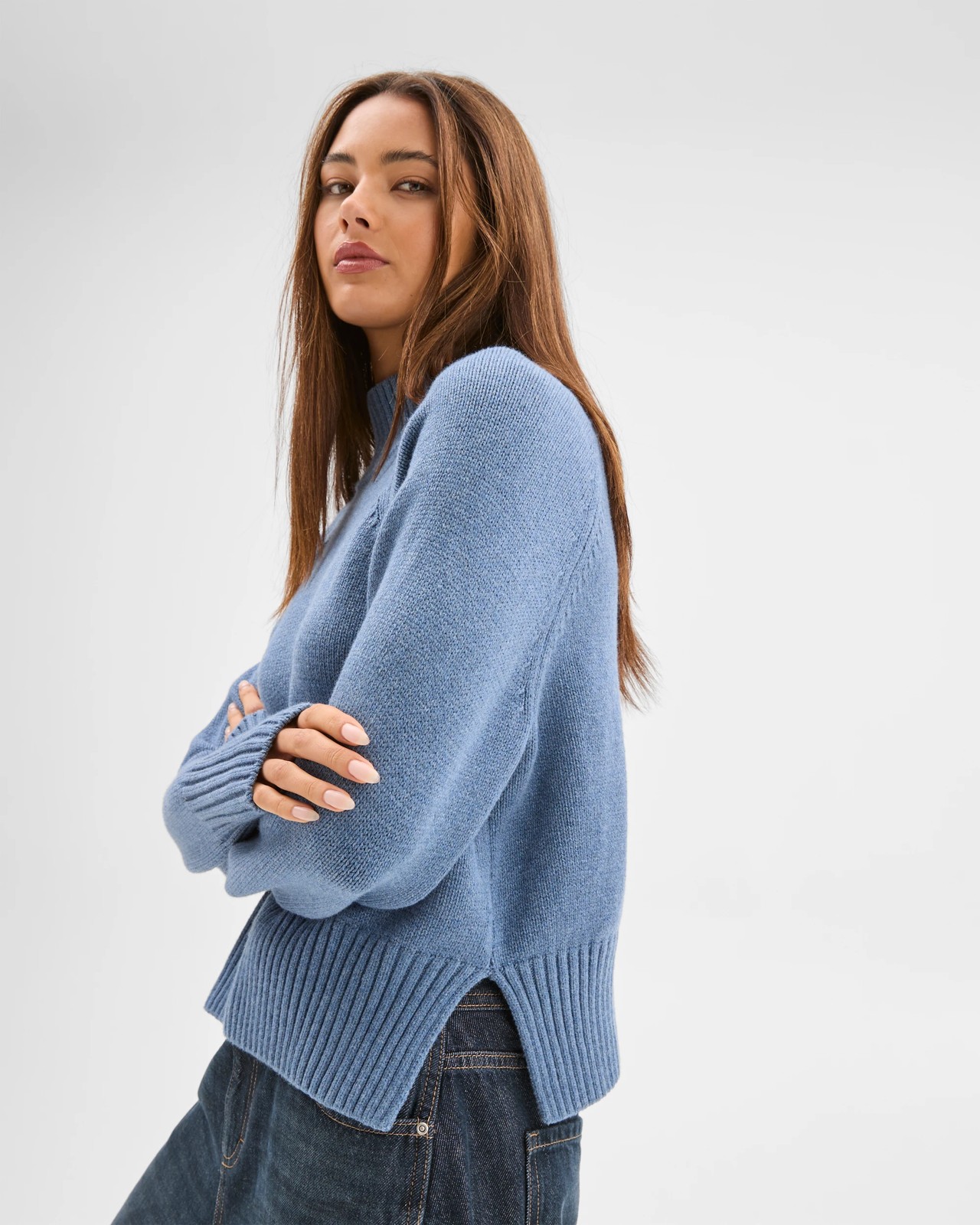 Lily Loves Australian Cotton Blend High Neck Knit Jumper - Denim Blue 3 of 5