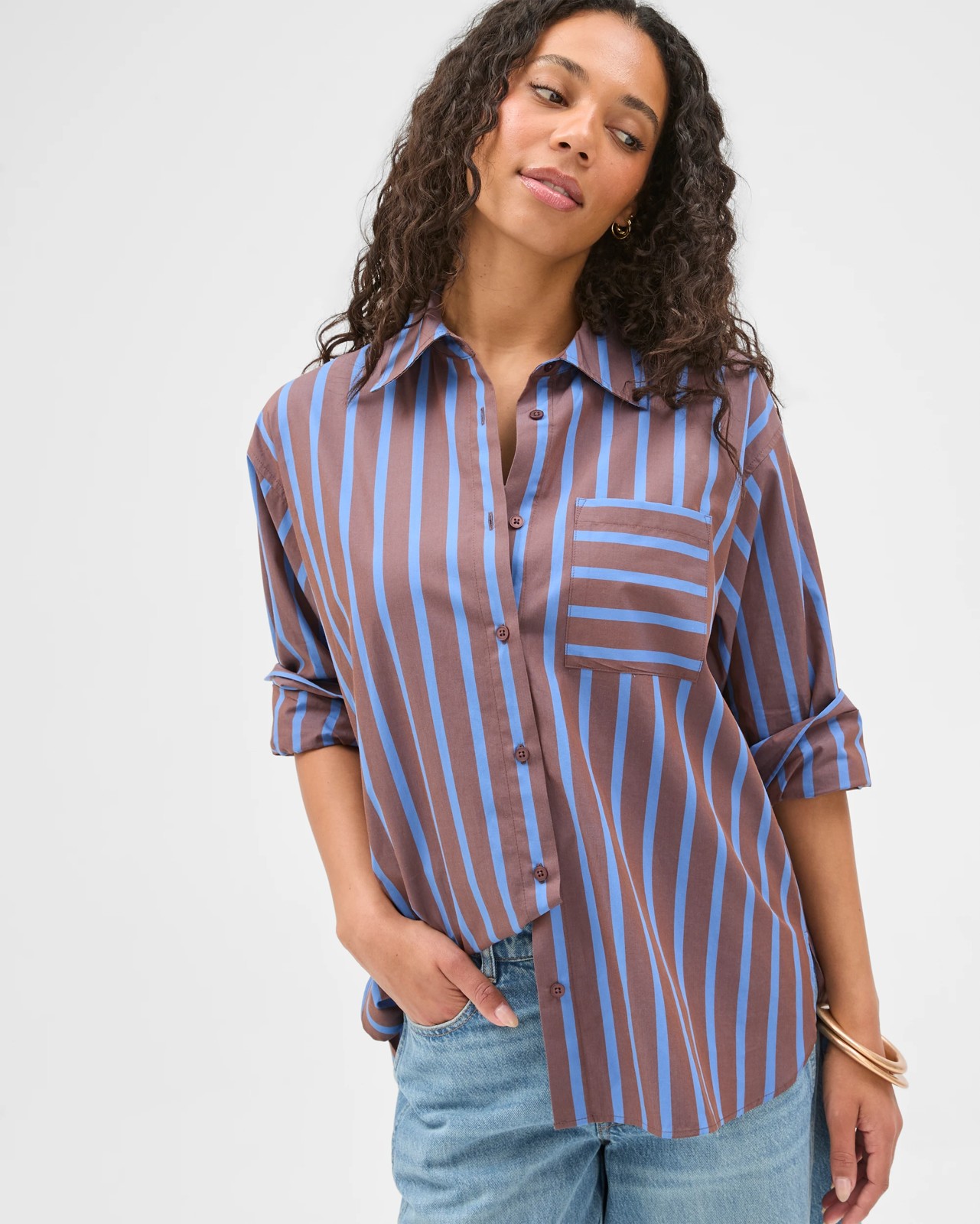 Australian Cotton Spliced Stripe Shirt - Warm Brown Stripe 4 of 6