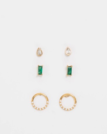 3 Pack Waterproof Emerald Look Stud Earrings Set