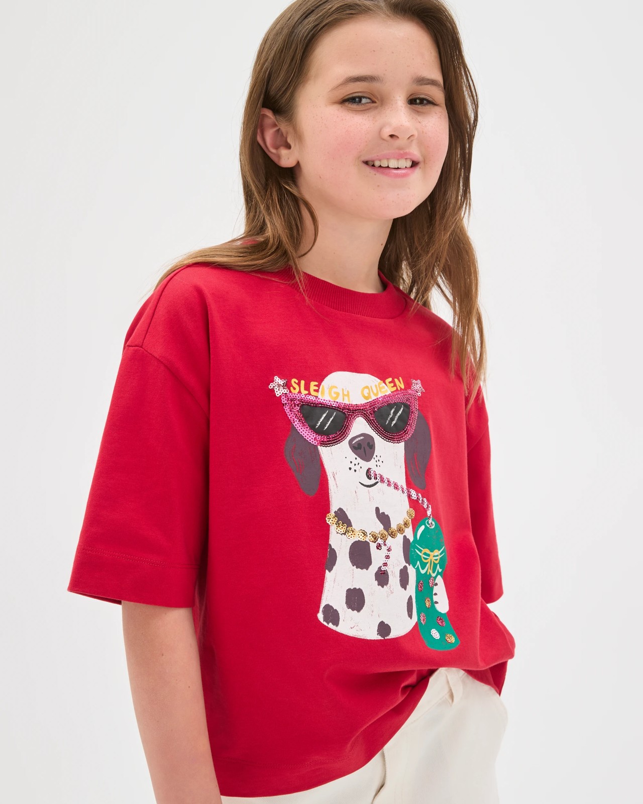 Australian Cotton Heavyweight Boxy Christmas T-Shirt - Xmas Dalmatian Red 3 of 6