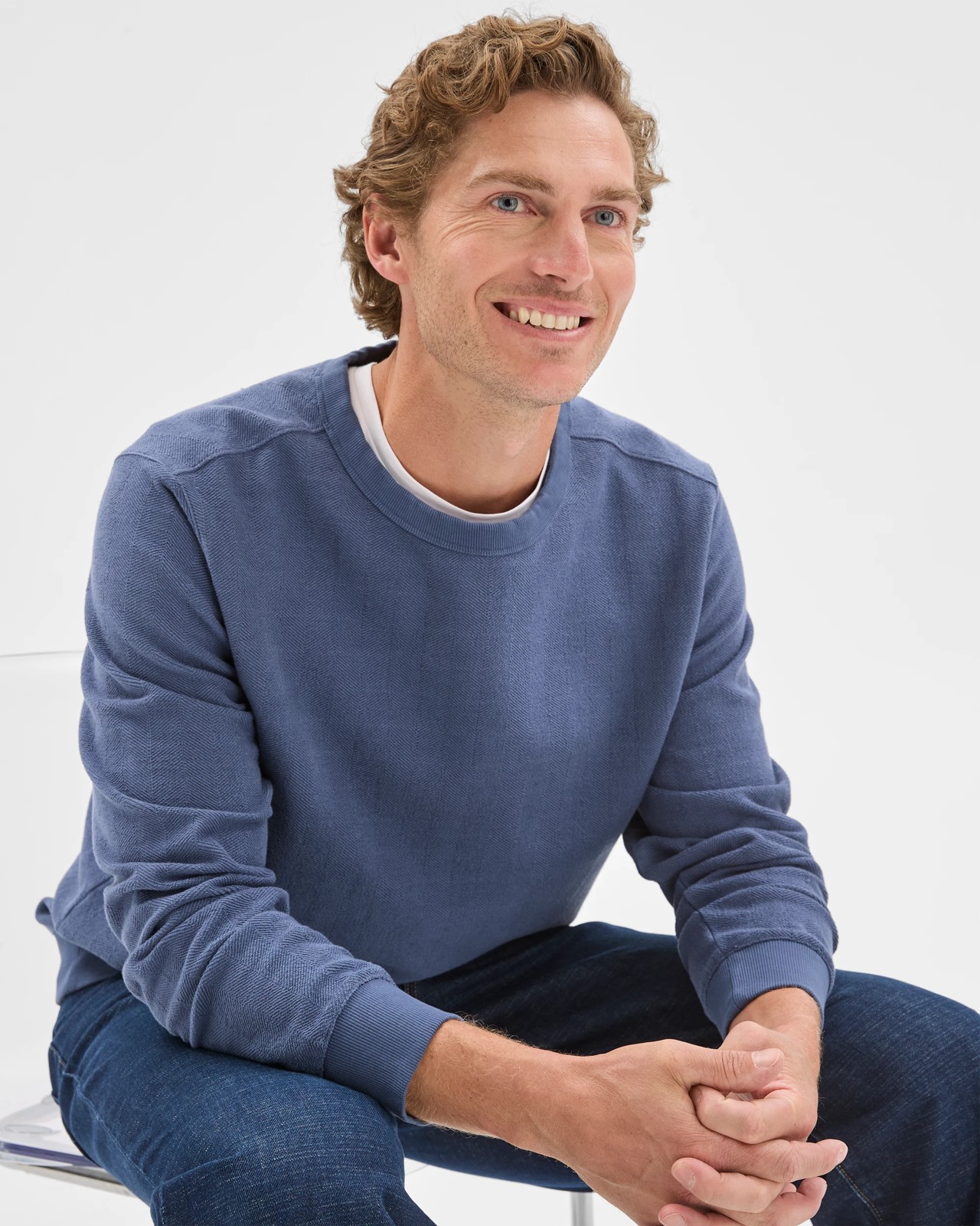 Australian Cotton Herringbone Long Sleeve Crew Neck Fleece Top - Blue Stone 2 of 6