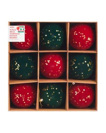 Anko 9 Pack 10cm Traditional Flocked Baubles