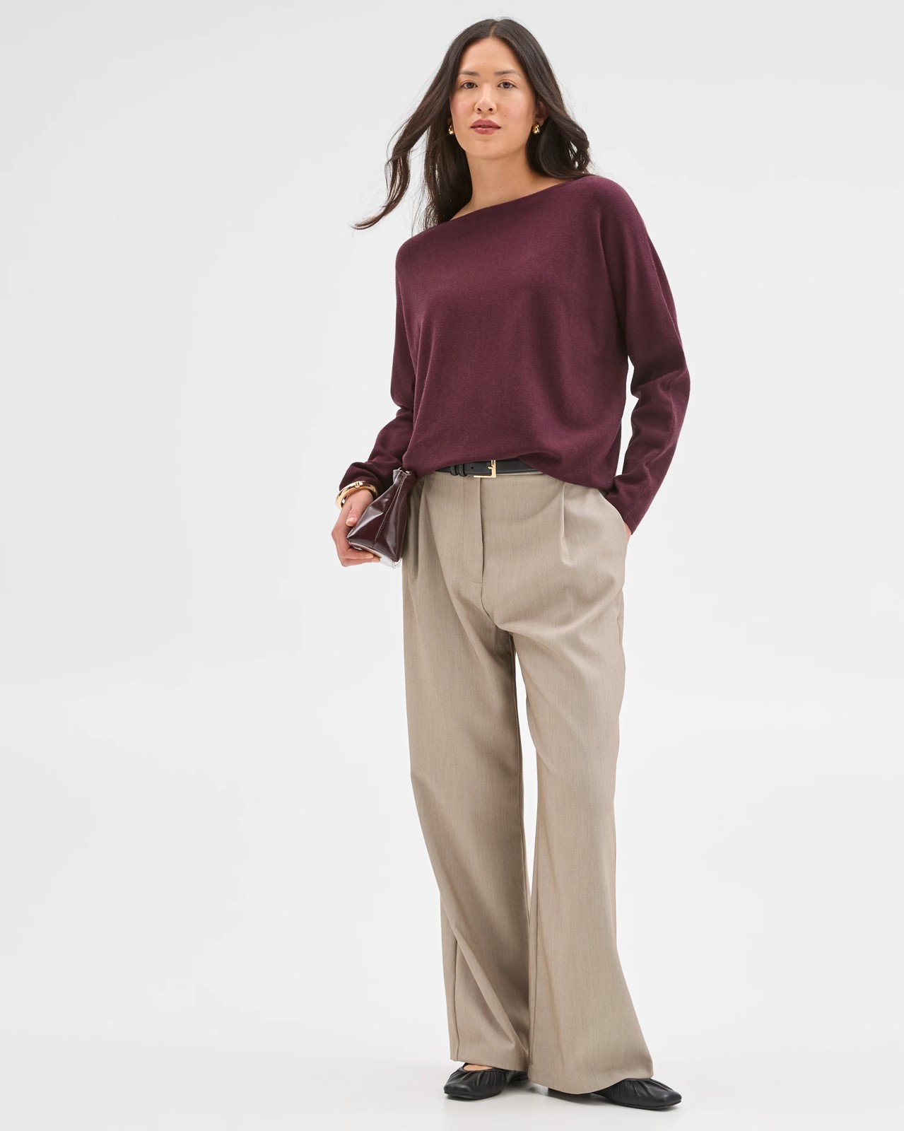 Preview Dolman Sleeve Boat Neck Knit Sweater - Pinot 3 of 6