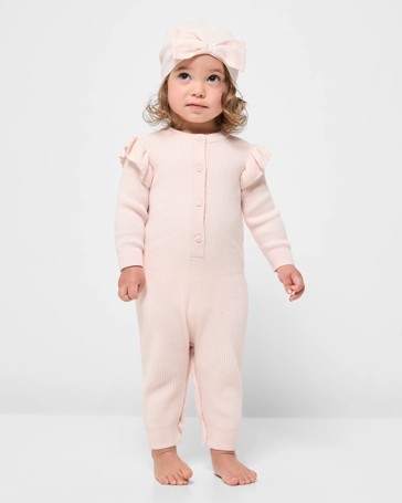 Baby Organic Cotton Rib Knit Ruffle Romper and Beanie