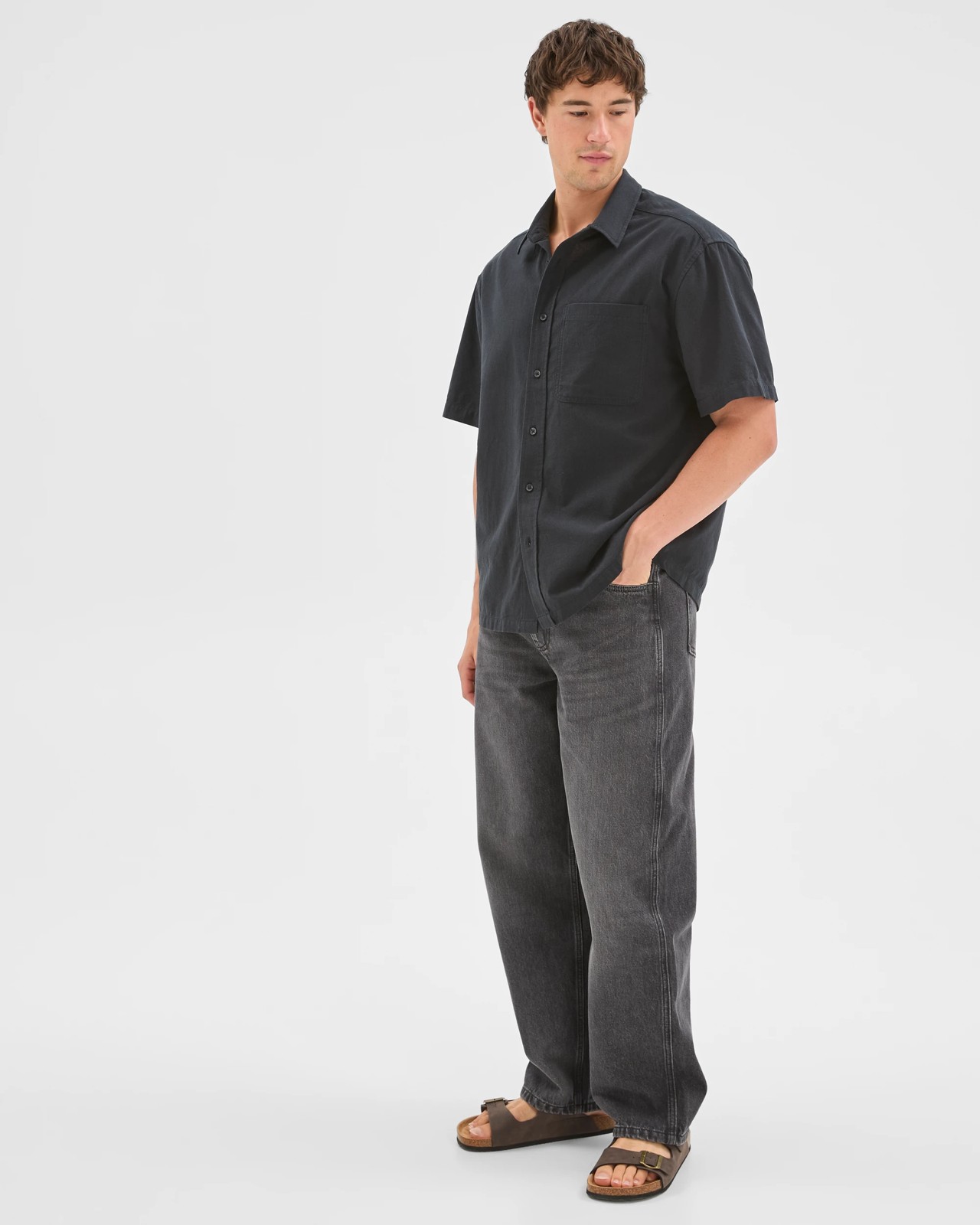 Commons Australian Cotton Plain Textured Boxy Fit Short Sleeve Shirt - Washed Black 2 of 6