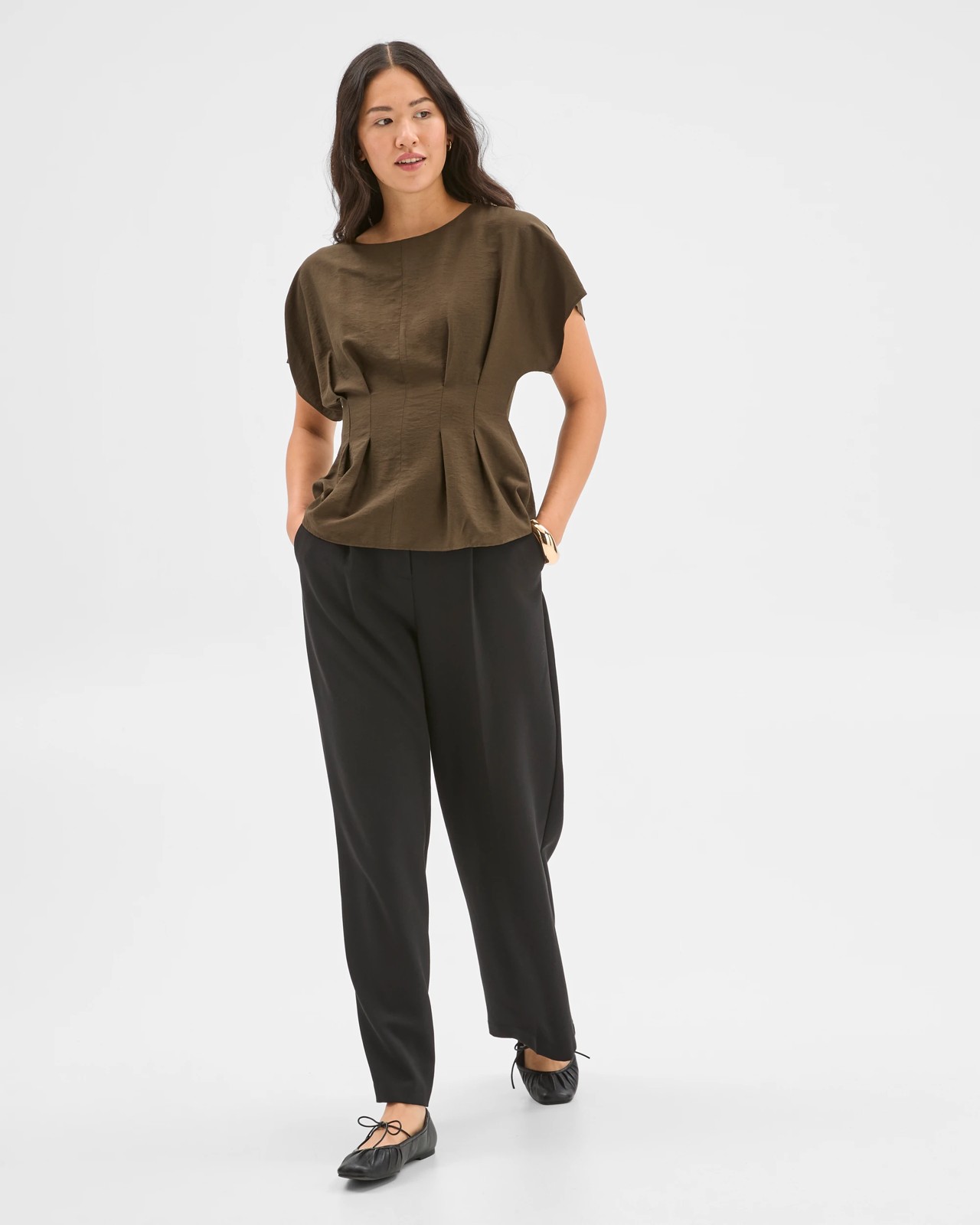 Preview Short Sleeve Femme Tuck Blouse - Dark Olive 3 of 6
