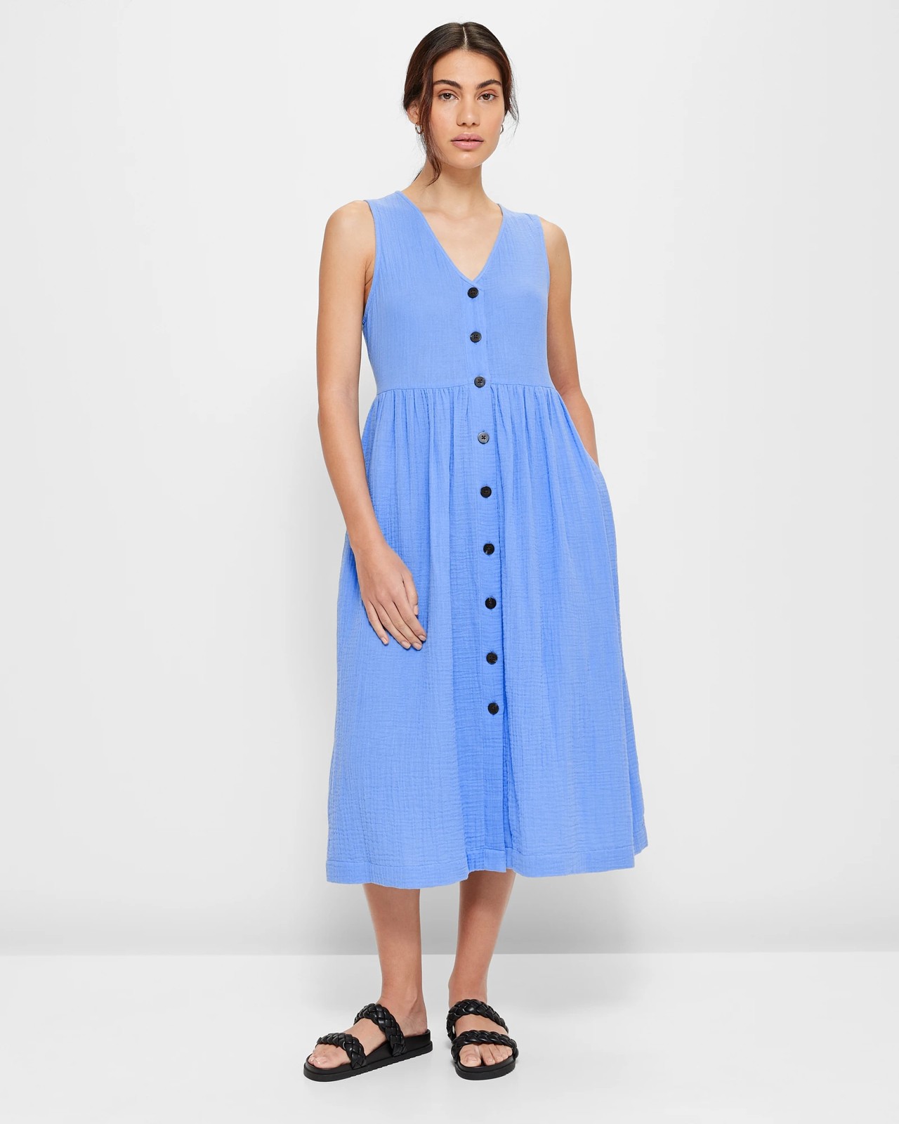 Buttons Front Midi Dress Blue