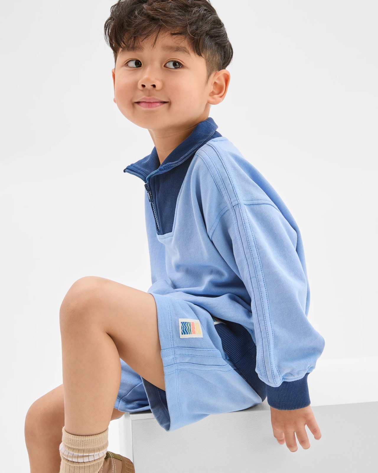 Australian Cotton 1/4 Zip Jumper & Shorts 2 Piece Set  - Washed Blue 3 of 6