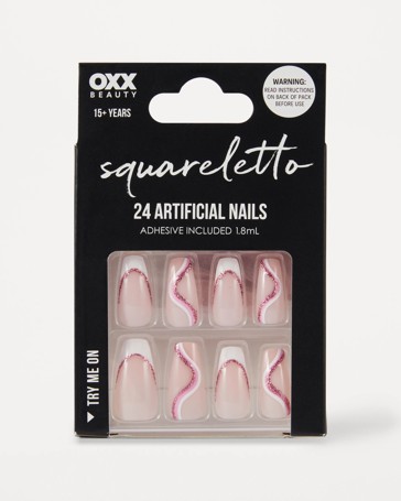 OXX Beauty Pack Artificial Nails with Adhesive - Squareletto Shape - Pink Glitter