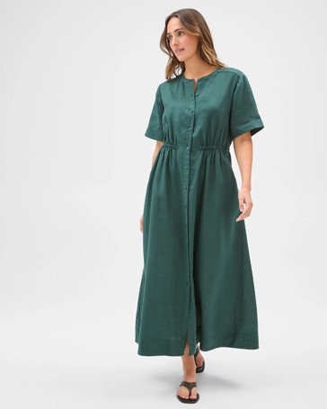 European Linen Short Sleeve Midi Femme Dress