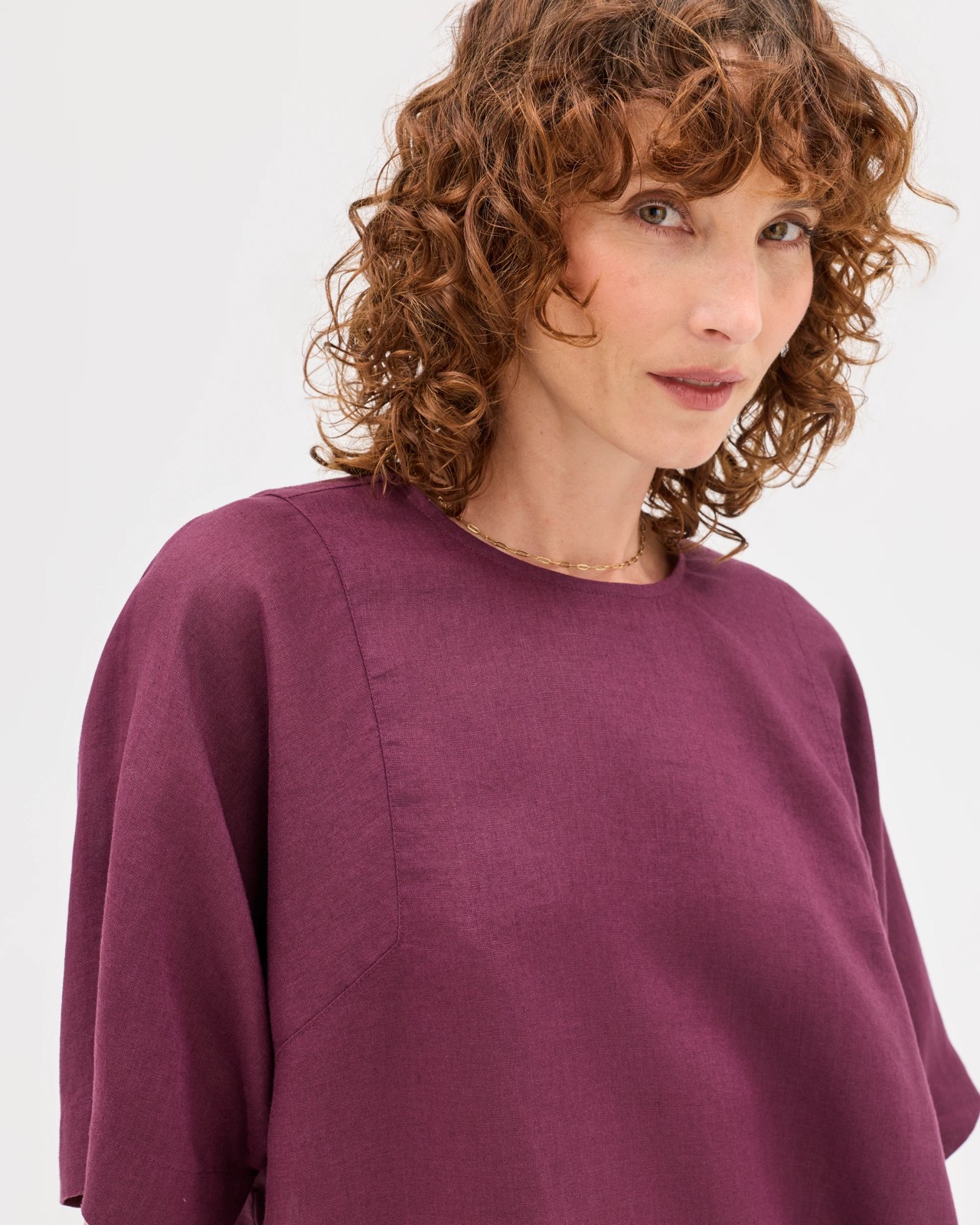 European Linen Boxy Seamed T-Shirt  - Merlot 5 of 6
