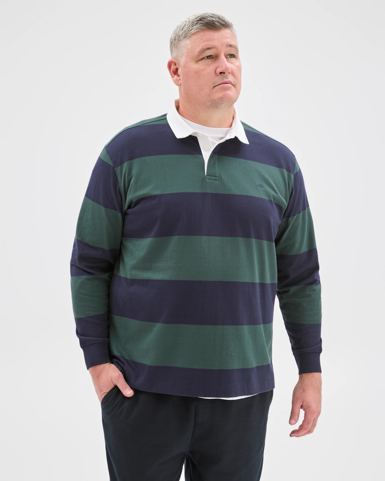Plus Size Australian Cotton Long Sleeve Rugby Polo Top - Navy / Green 6 of 6