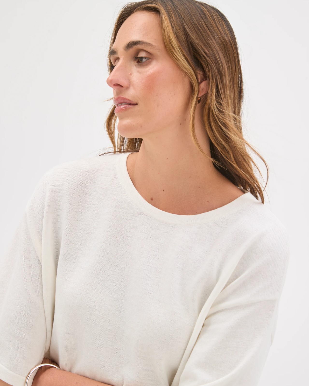 Australian Cotton Blend Drop Shoulder Boxy Knit T-Shirt - Cloud Dancer 4 of 5