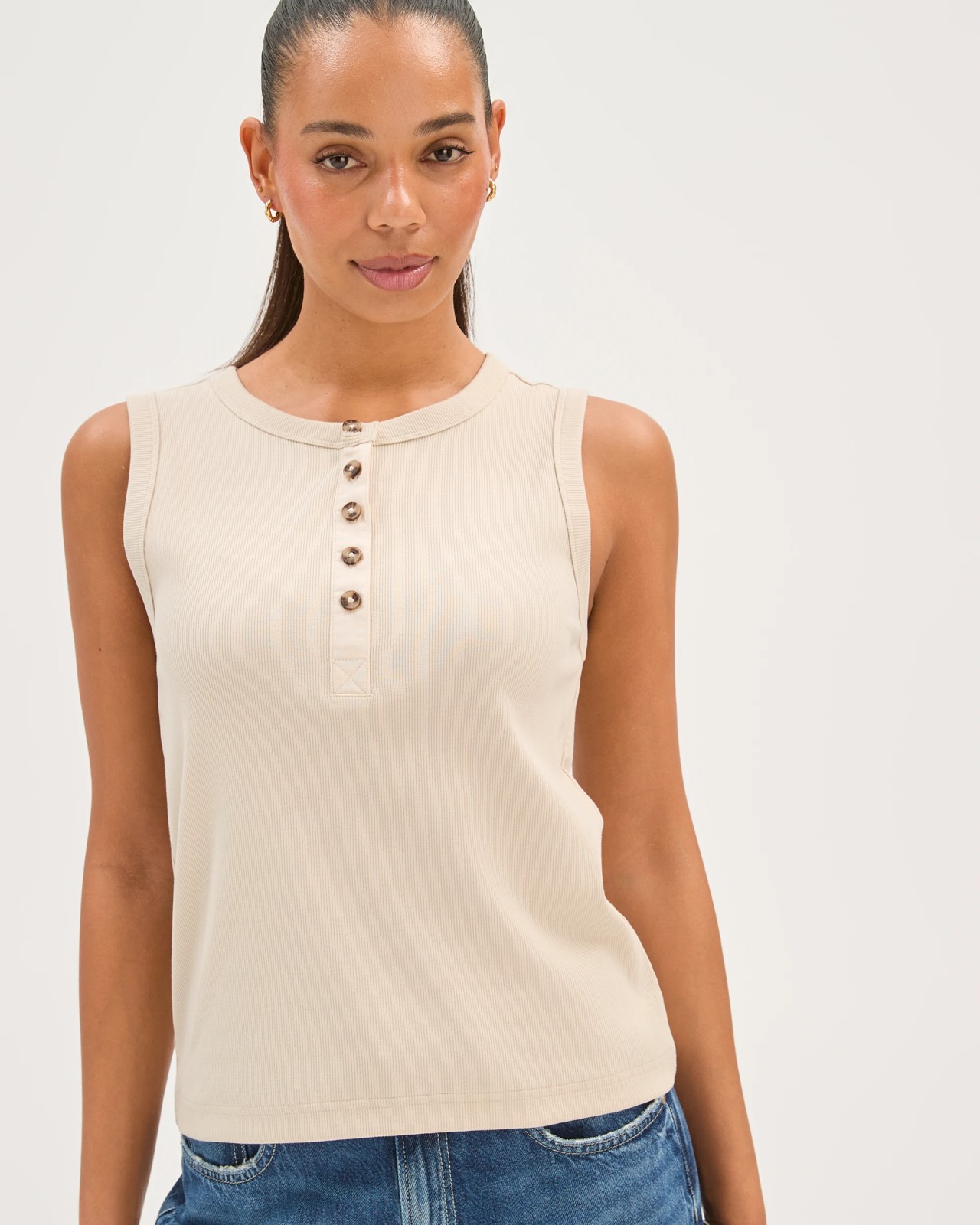 Australian Cotton Henley Neck Rib Tank Top - Pumice 4 of 6