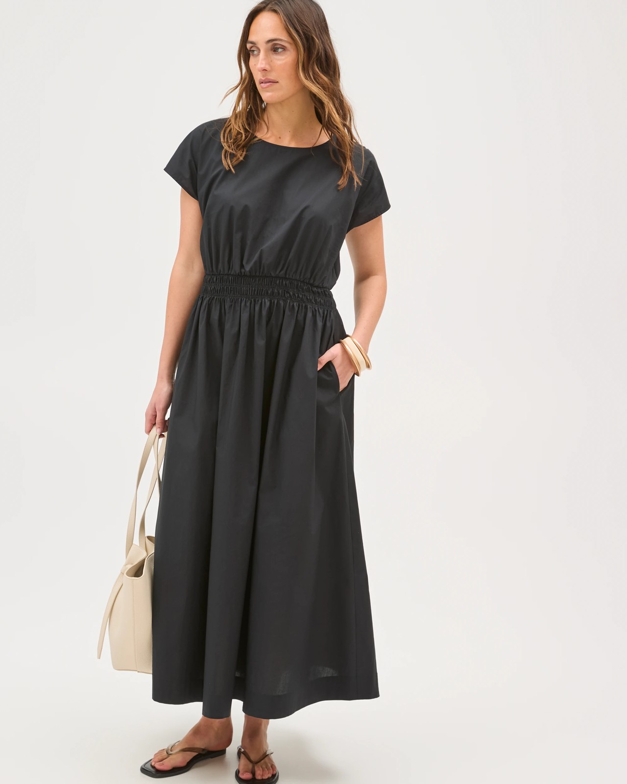 Australian Cotton Poplin Shirred Waist Maxi Dress - Black 2 of 6