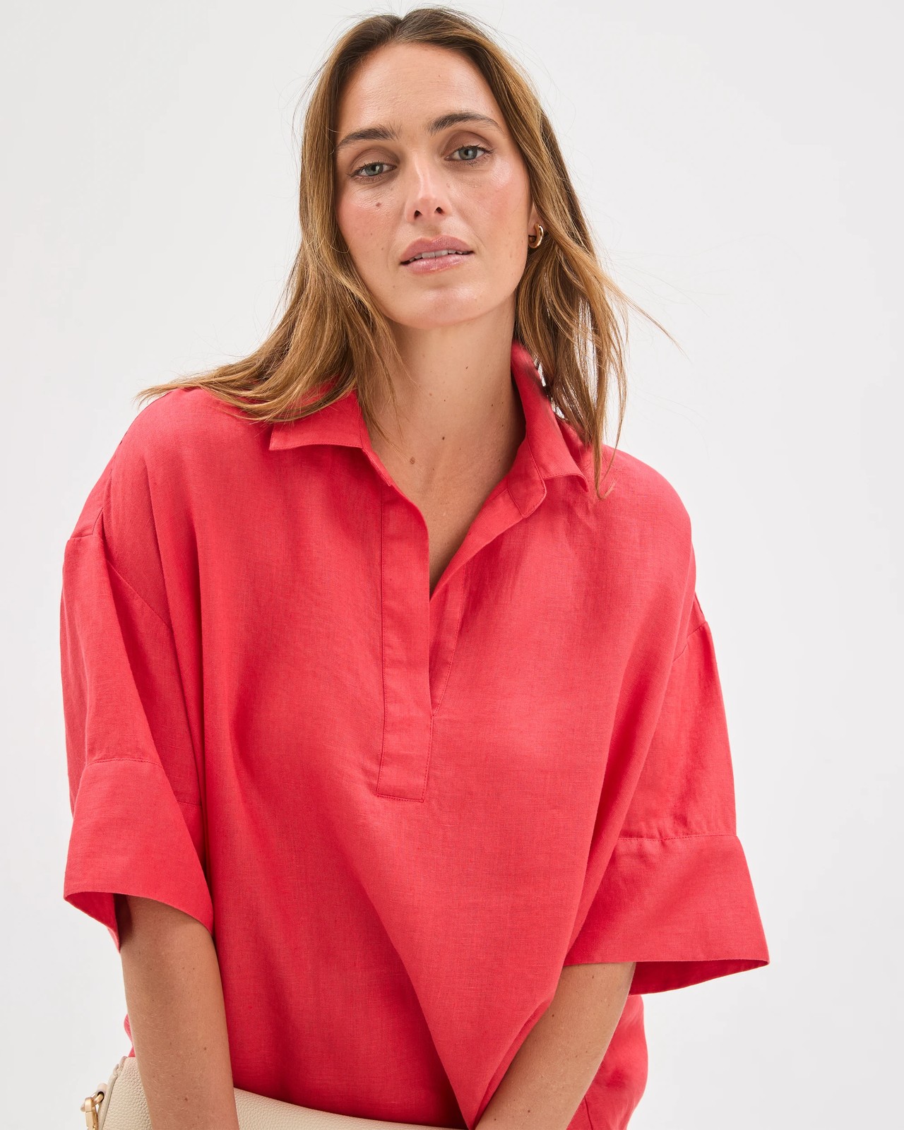 European Linen Elbow Sleeve Cocoon Popover Shirt - Cranberry 4 of 6