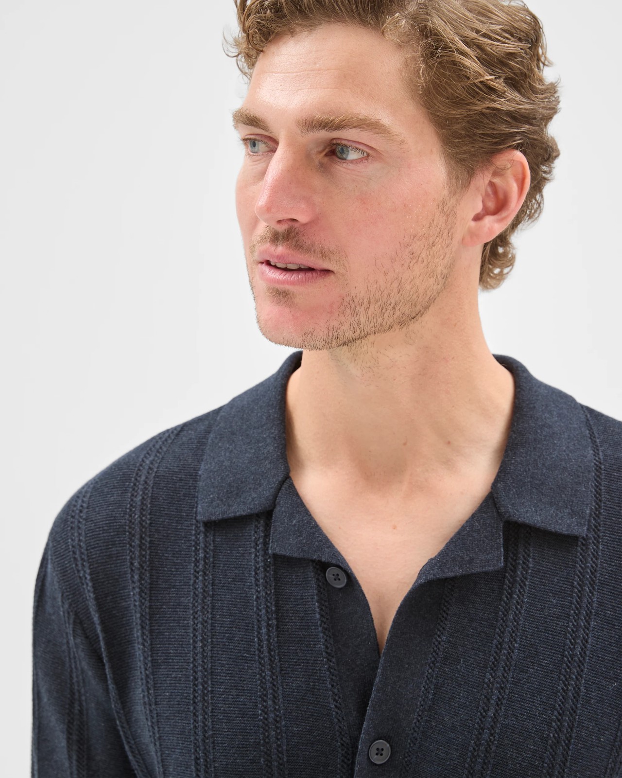 Australian Cotton Short Sleeve Textured Stripe Knit Shirt - Navy 6 of 6