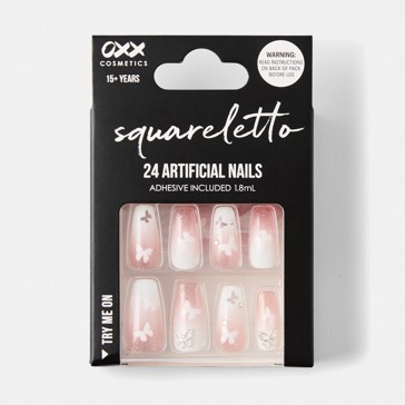 24 Pack Artificial Nails with Adhesive, Squareletto Shape, Butterfly - OXX Cosmetics