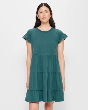 Extended Shoulder Tiered Mini Dress