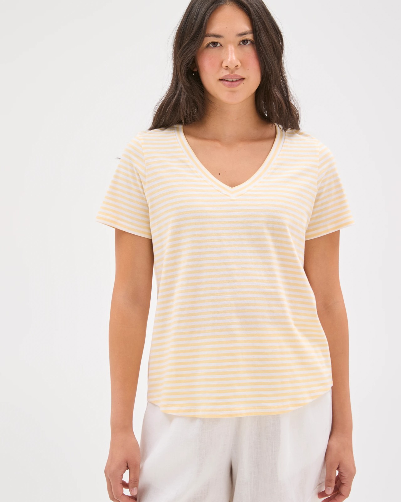 Australian Cotton Slub Relaxed V-Neck T-Shirt - Butter Lemon/White Stripe 3 of 5