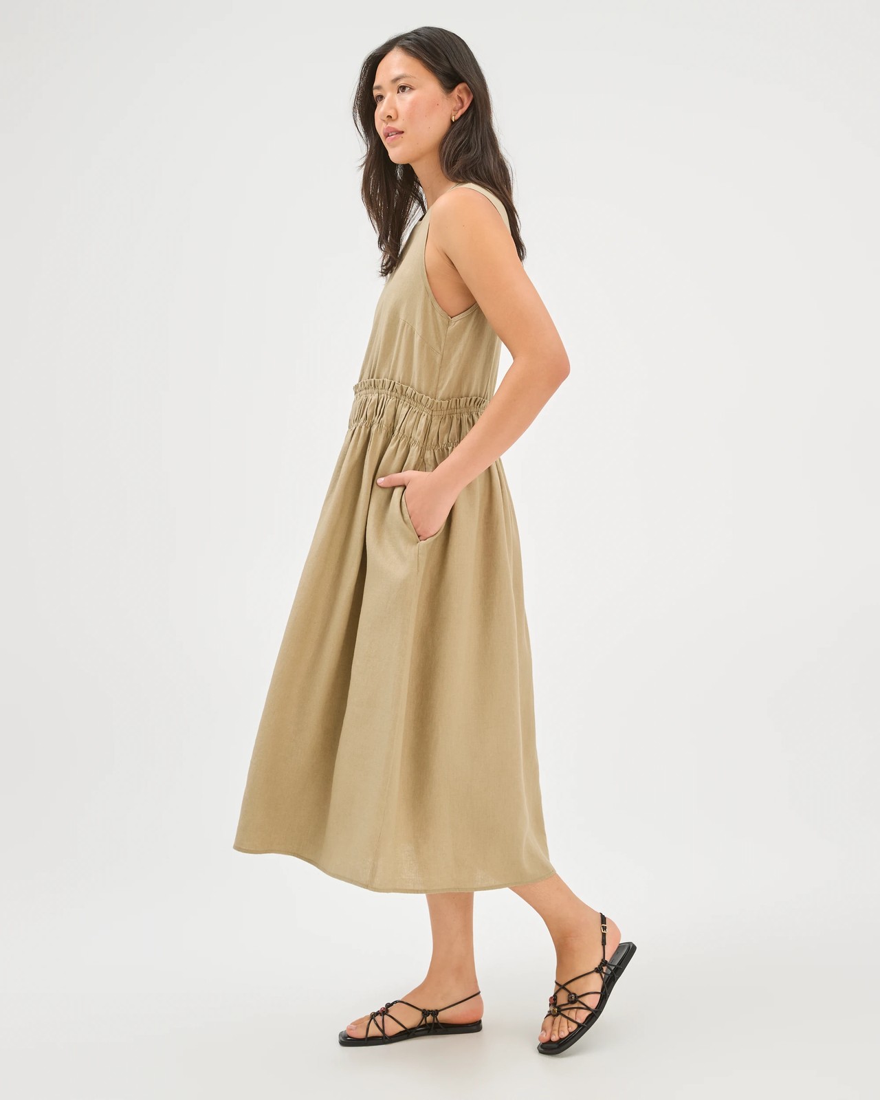 European Linen Sleeveless Waisted Midi Dress - Crushed Leaf 2 of 6