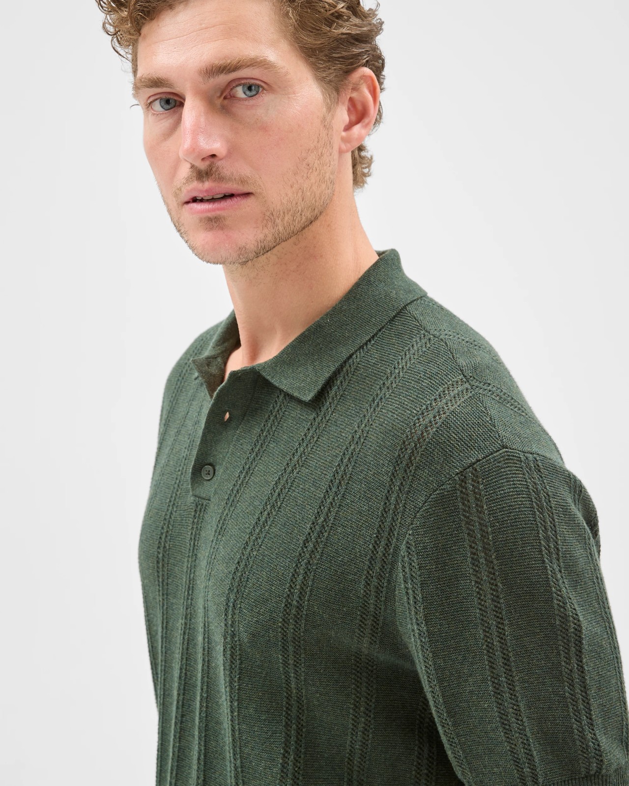Australian Cotton Textured Stripe Knit Polo Top - Green 5 of 6