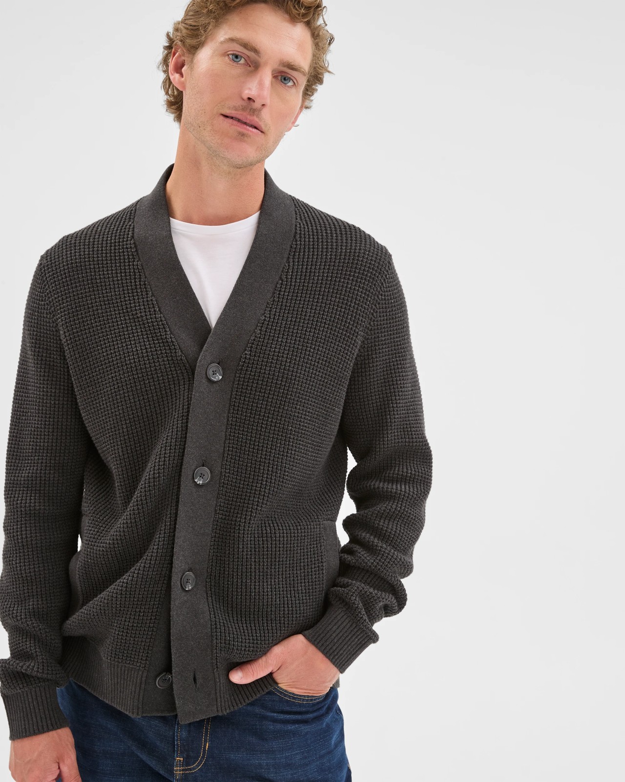 Australian Cotton V-Neck Waffle Knit Cardigan - Black Marle 3 of 5