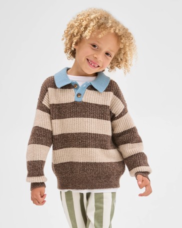 Long Sleeve Striped Knit Polo Top