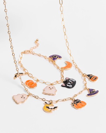 Kids Halloween Charm Necklace and Bracelet Set