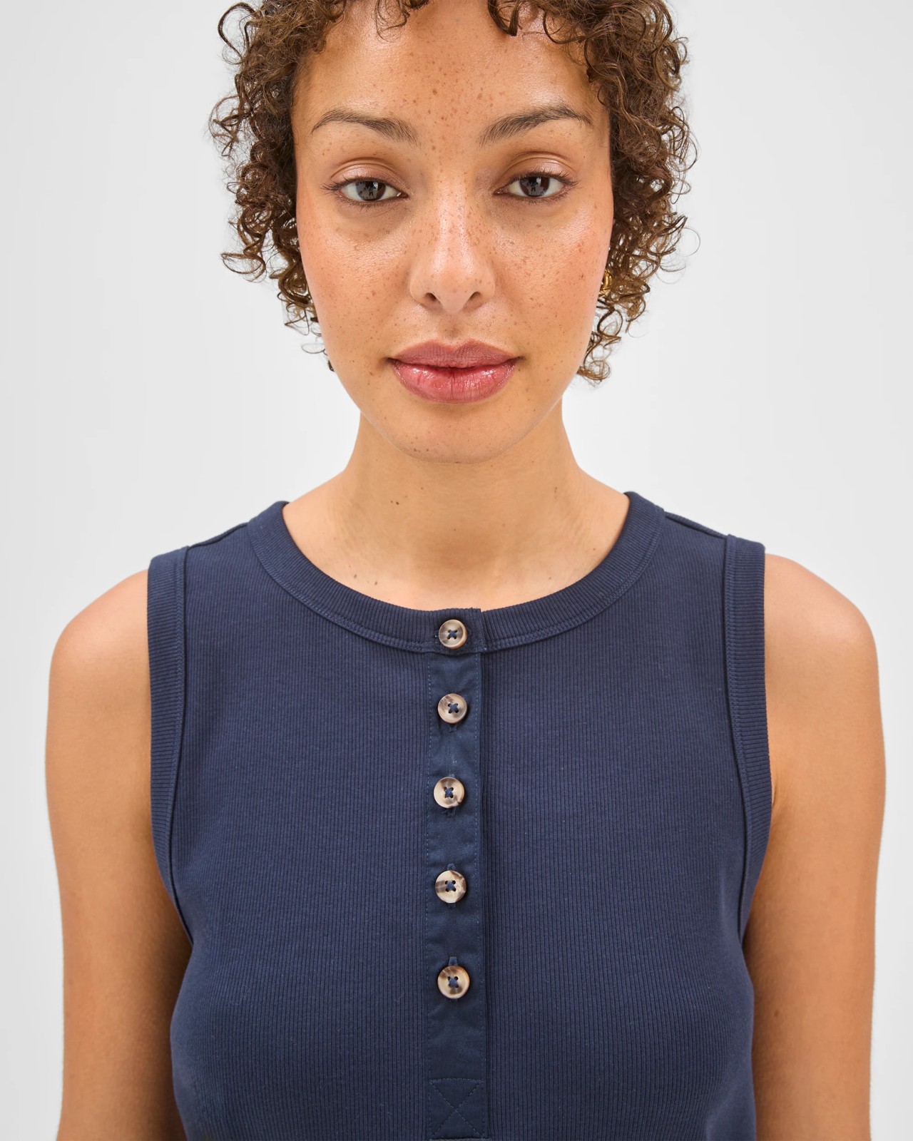 Australian Cotton Henley Neck Rib Tank Top - Ink Navy 4 of 6