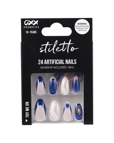 OXX Cosmetics 24 Pack Artificial Nails with Adhesive - Stiletto Shape, Midnight Stars