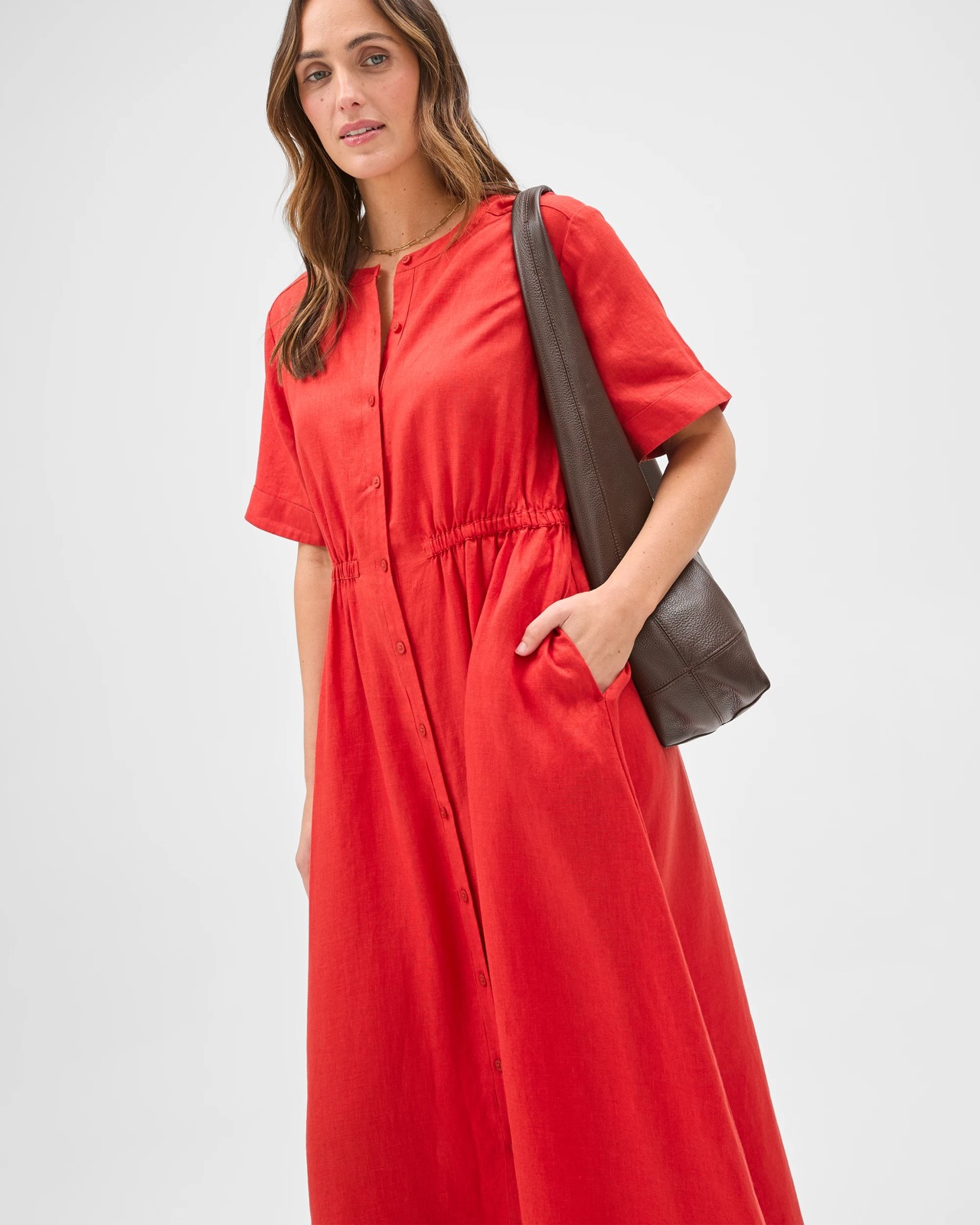 European Linen Short Sleeve Midi Femme Dress - Warm Terracotta 5 of 5