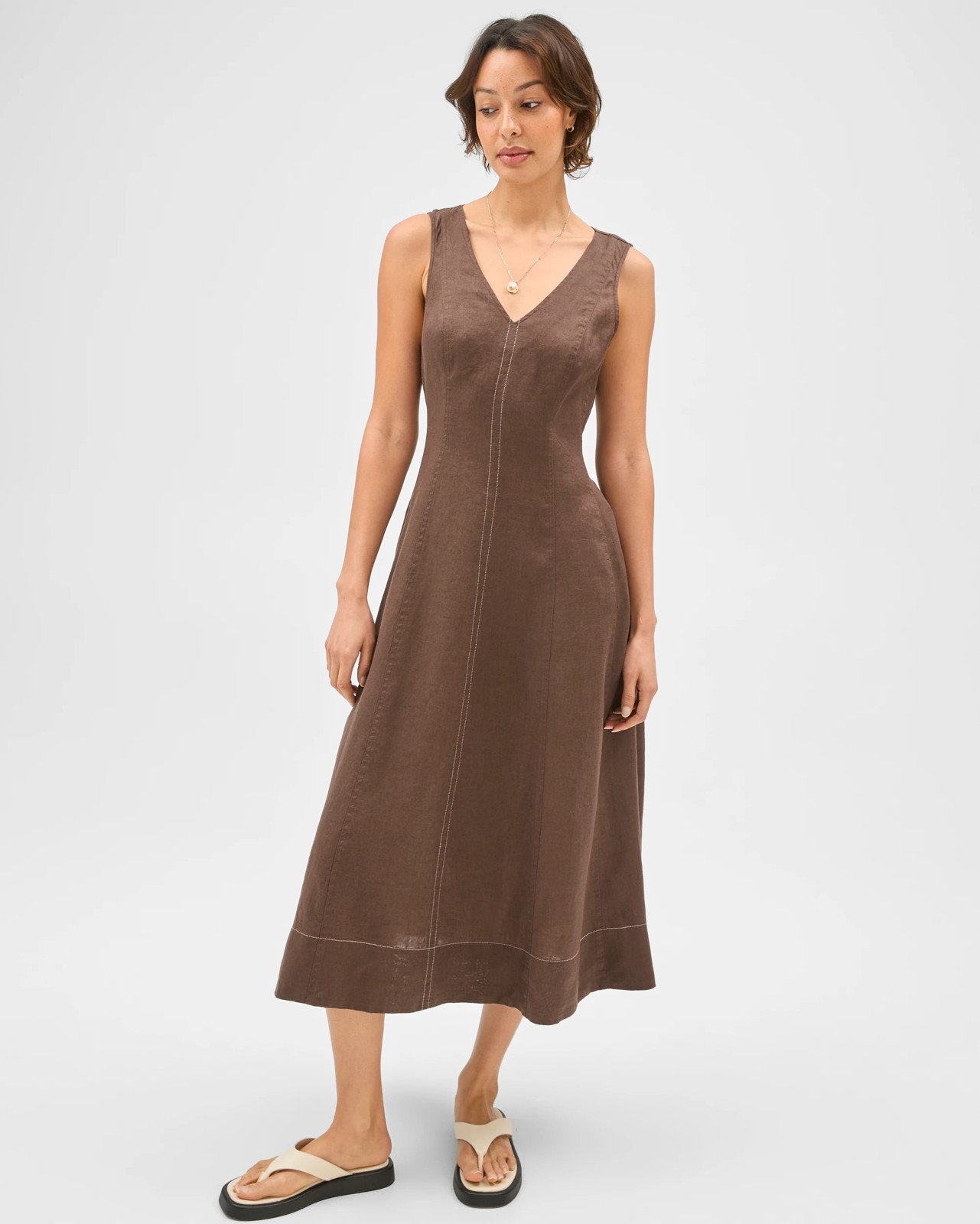 European Linen Sleeveless Seamed Midi Dress 2 of 5