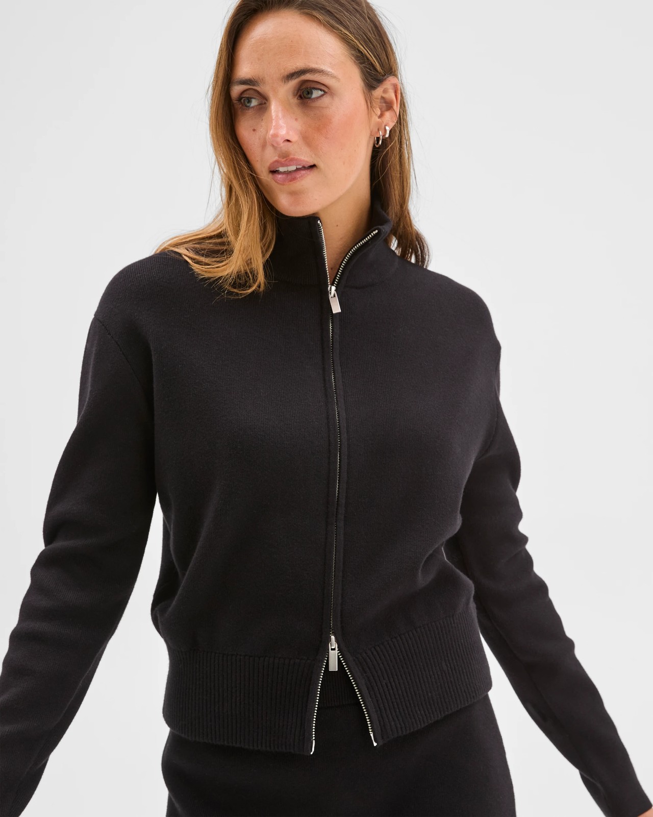 Preview Australian Cotton Blend Polished Knit Bomber Cardigan - Black 3 of 6
