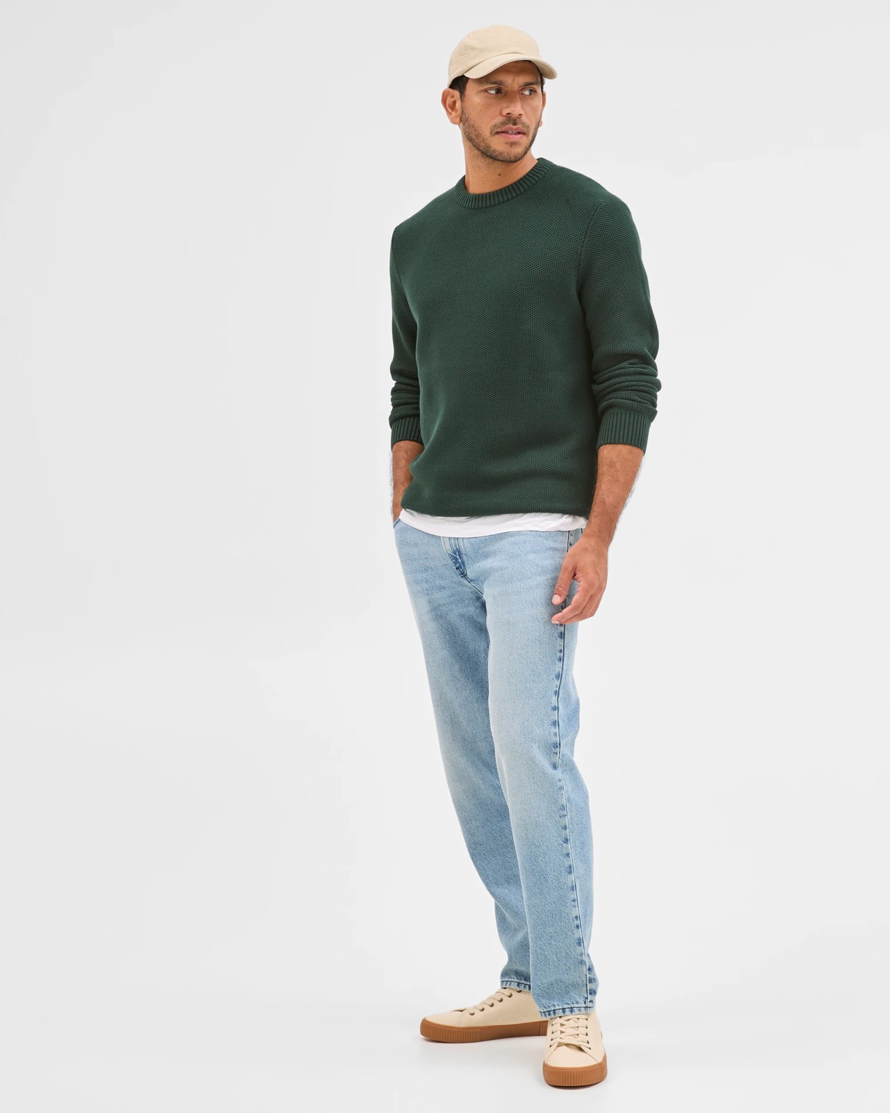 Australian Cotton Midweight Honeycomb Knit Sweater - Dark Green 5 of 6