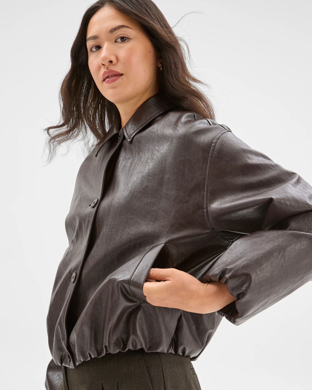 Preview PU Bubble Hem Bomber Jacket 4 of 5