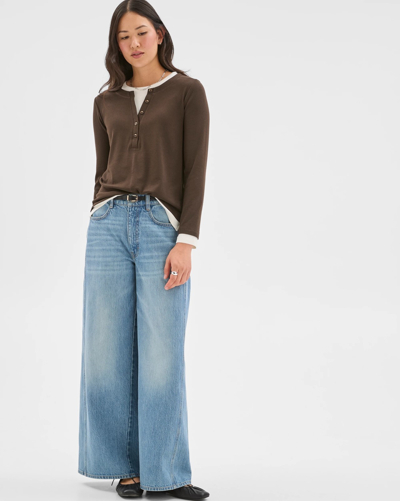 Soft Touch Henley Double Layer T-Shirt - Coffee Bean/Pearl 2 of 5
