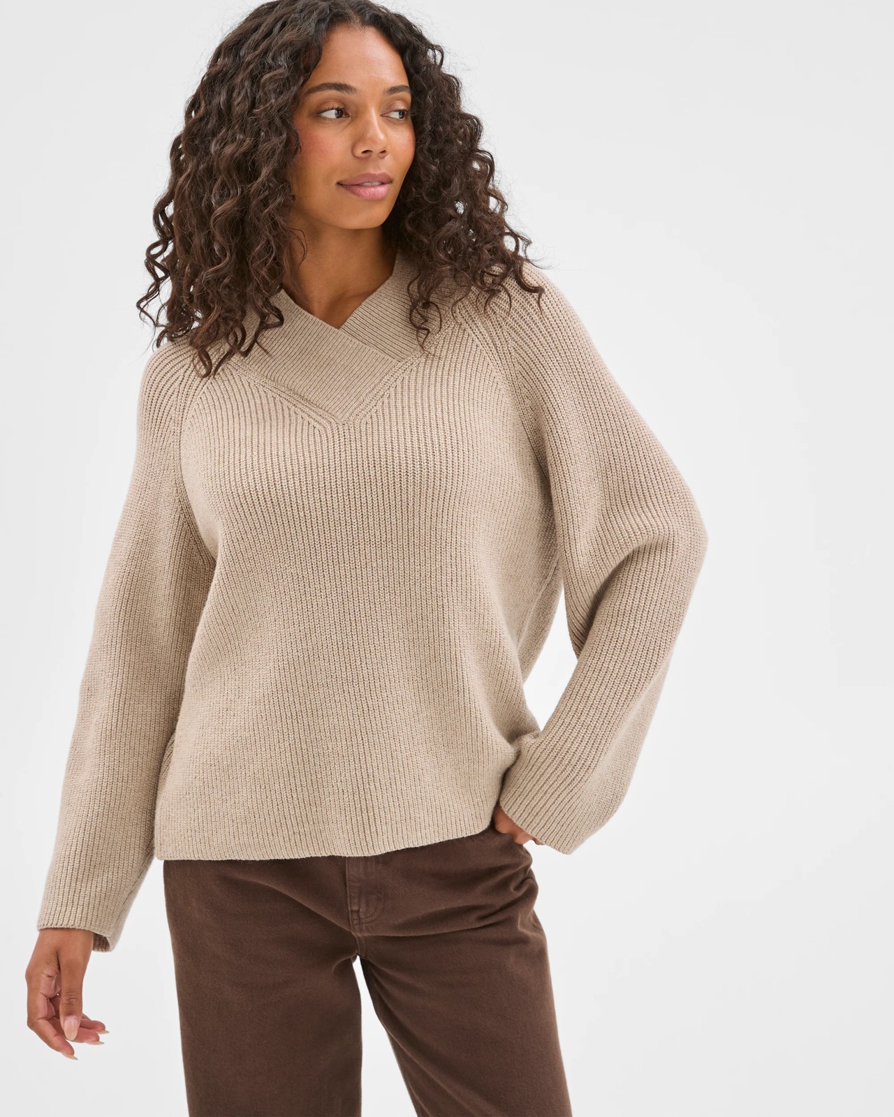 High Wrap Neck Relaxed Jumper - Mid Fawn Marle 5 of 6