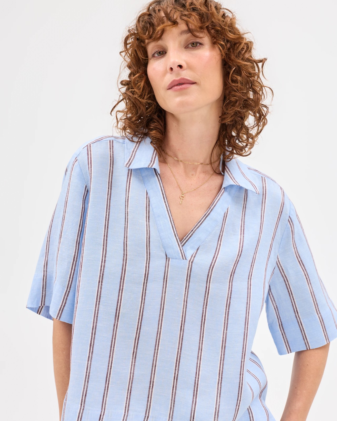 European Linen Short Sleeve A-Line Popover Shirt - Blue / Stripe 4 of 6