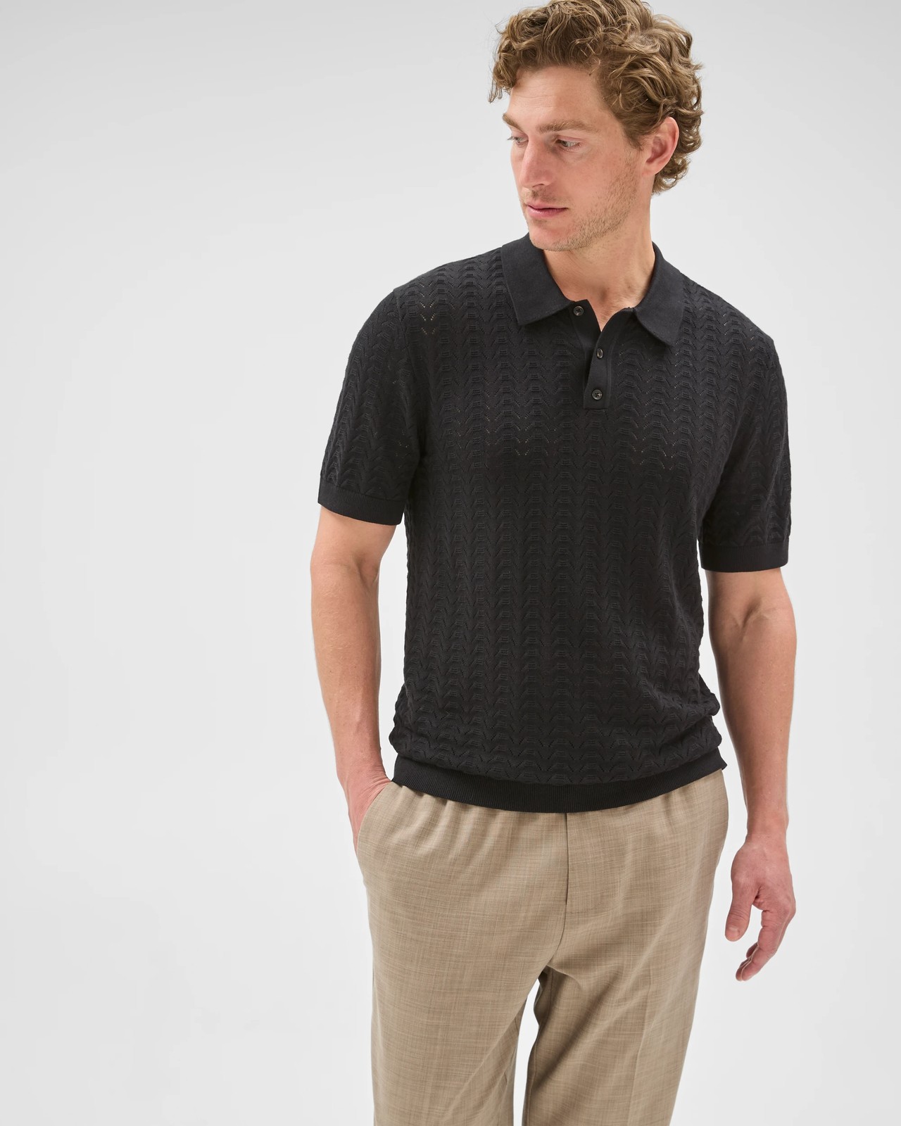 Preview Knitted Textured Polo Top - Black 2 of 6