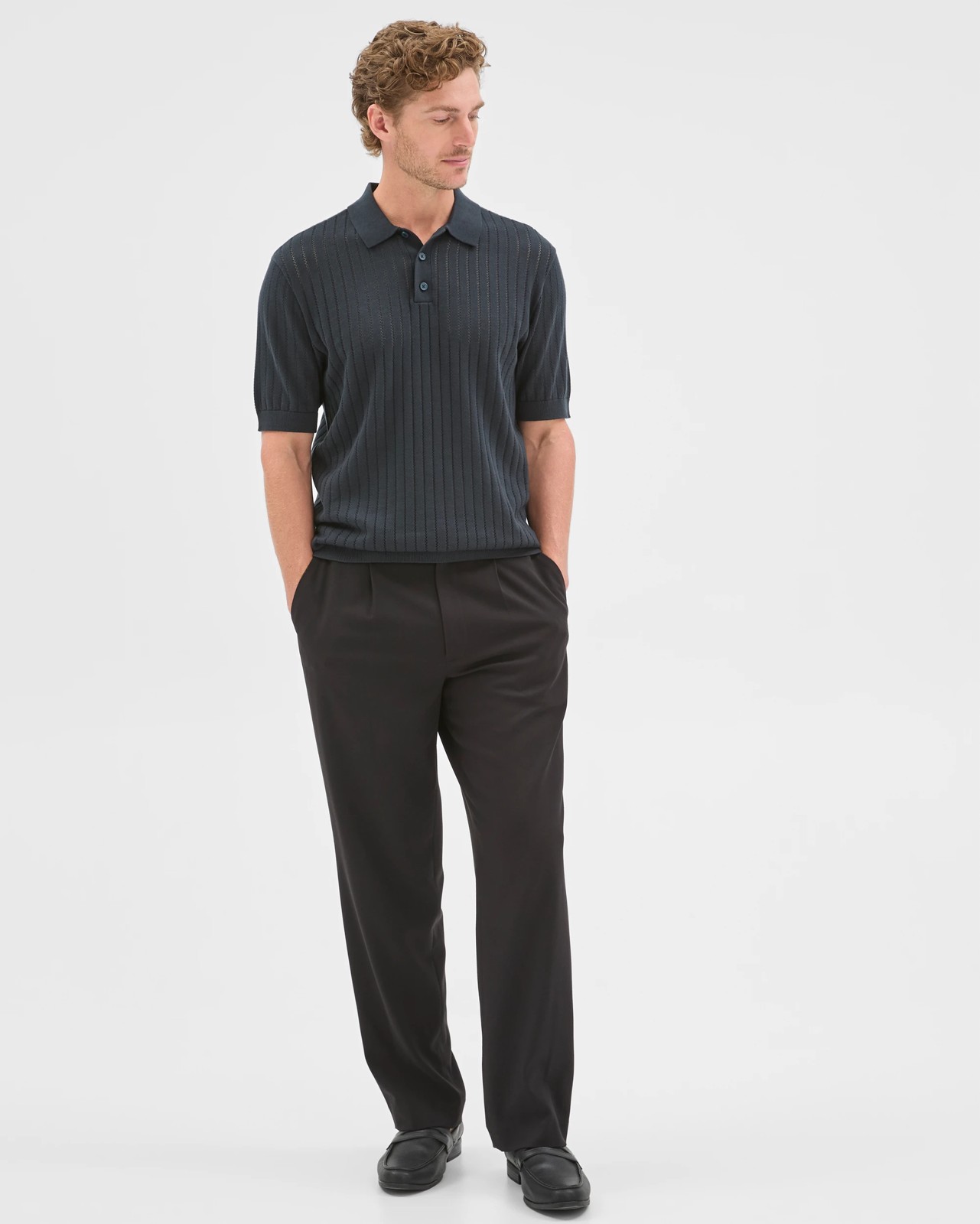 Preview Australian Cotton Pointelle Polo Top - Blueberry 3 of 6