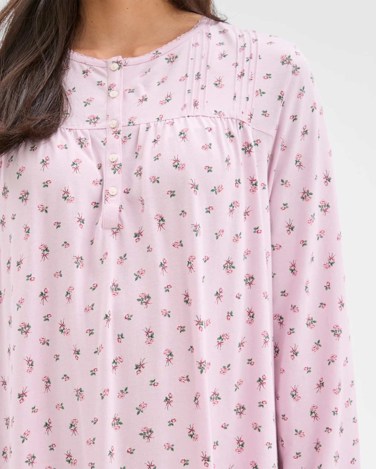 Australian Cotton Long Sleeve Traditional Pintuck Nightie - Pink Bow 4 of 5